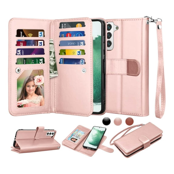 6.6" Galaxy S22+ 5G Wallet Case, Samsung Galaxy S22+ 5G 2022 PU Leather Case, Njjex Luxury PU Leather 9 Card Slots Holder Carrying Folio Flip Cover Kickstand & Hand Strap