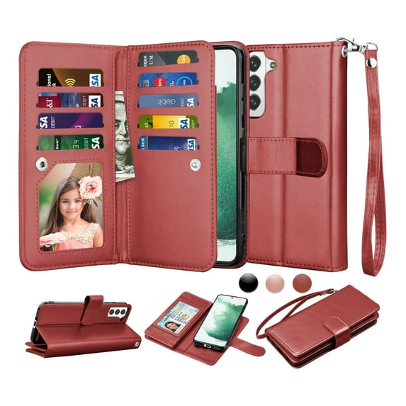 6.6" Galaxy S22+ 5G Wallet Case, Samsung Galaxy S22+ 5G 2022 PU Leather Case, Njjex Luxury PU Leather 9 Card Slots Holder Carrying Folio Flip Cover Kickstand & Hand Strap
