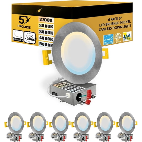 6  6 Inch -Thin Nickel  Recessed Lighting, 5CCT 2700K/3000K/3500K/4000K/5000K Selectable, High Brightness 1050 Lumens, Dimmable Canless Slim Wafer Light, IC Rated,  J-Box, ETL