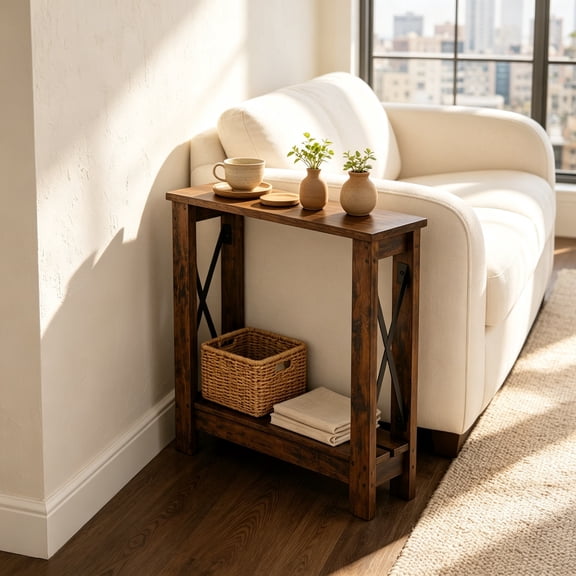 6.6" Ultra Narrow X-Frame Side Table 2-Tier Storage, Rustic Brown, Gap Solution for Couch, Sofa, Living Room