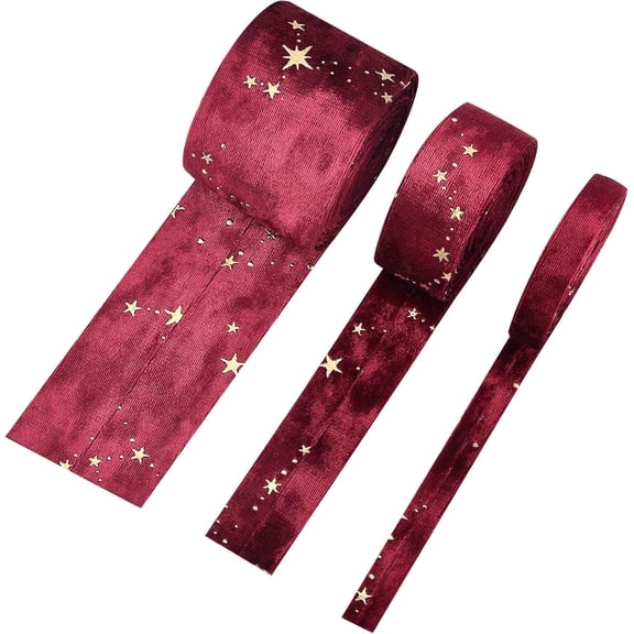 6.6 Yards 3 Sizes Velvet Ribbons with Star Pattern Violet Red Double Faced Velvet Ribbon for Sewing Craft Gift Package (3/8 inch 1 inch 2 inch) for DIY