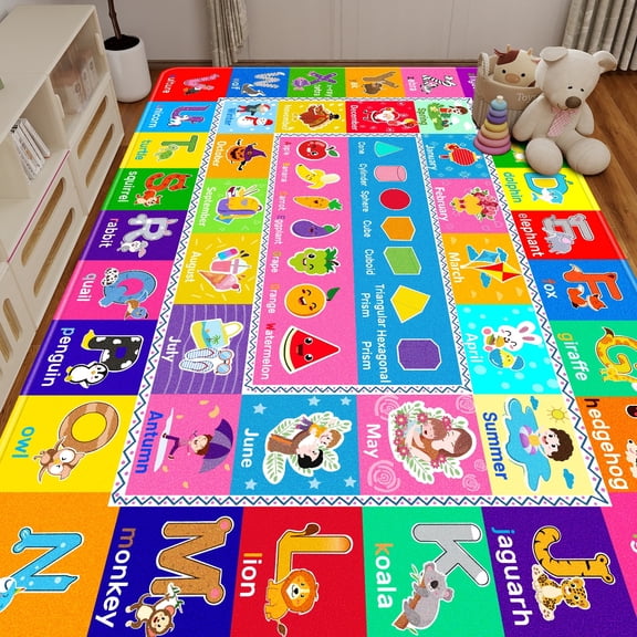 6.6'x9.3'Kids Play Rug Mat Playmat With Colorful Pattern, Playtime Collection ABC Alphabet, Seasons, Months, Fruit And Shapes Educational Area Rug For Kids Children Playroom Bedrooms