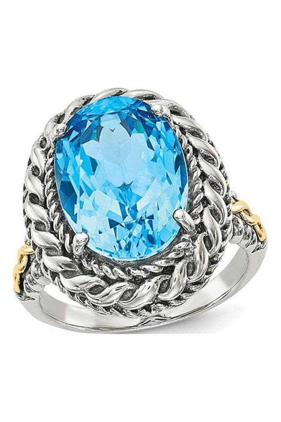 6.60 Carat (Ctw) Blue Topaz Ring in Antiqued Sterling Silver with 14K Gold Accent Hearts