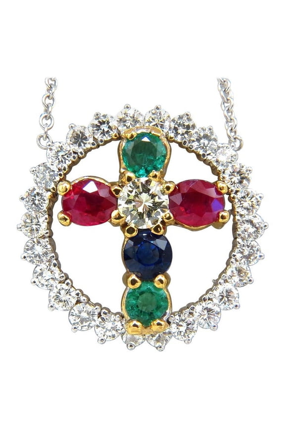 6.65ct natural ruby emerald sapphire diamonds cross 14kt