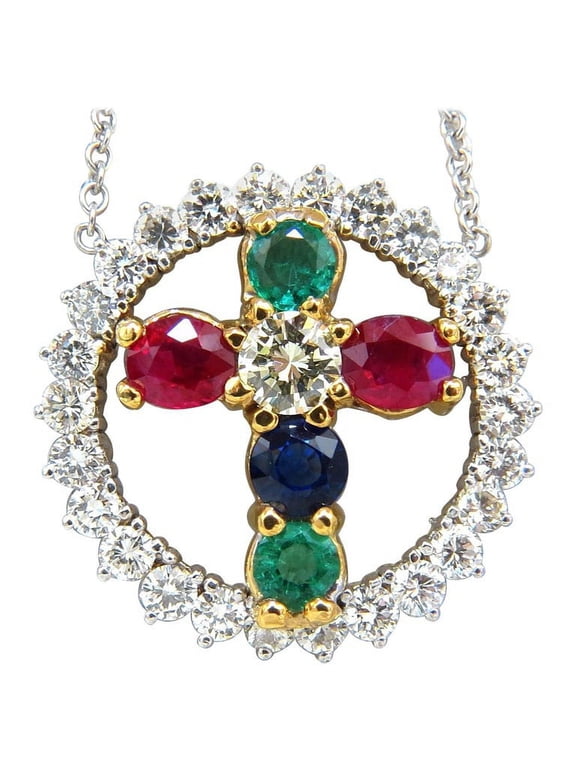6.65ct natural ruby emerald sapphire diamonds cross 14kt