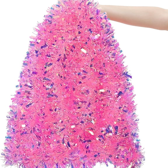 6.66FT Pink Iridescent Tinsel Garland, Shiny Metallic Foil Christmas Tree Wreath Decor, Hanging Fringe Streamer for Xmas Party Mantel Window Holiday Decoration