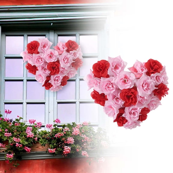 6.67 Inch Heart Wreath with Roses - Pink Red Artificial Flower Wreath for Valentine's Day Front Door Wedding Wall Decor, Romantic Anniversary Party Home Decoration & Gift Idea (1PCS)