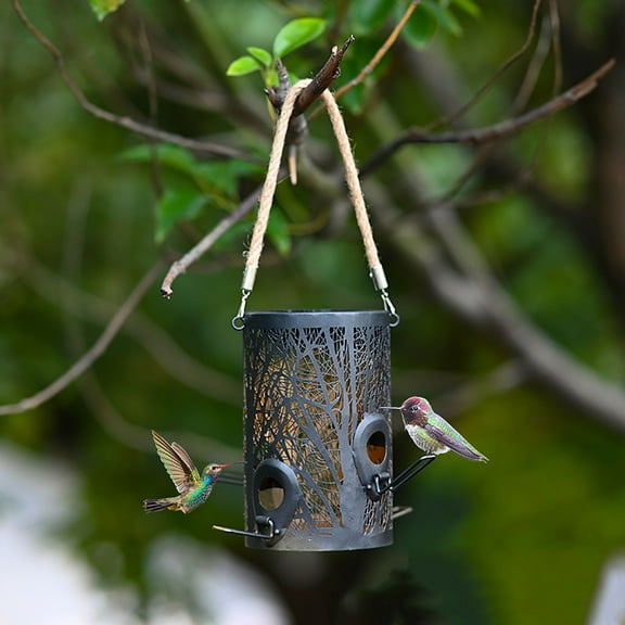 6.69" Hanging Automatic Hummingbird Feeder for Outdoors, Hollow Iron Bird Feeder With Solar Light & 4 Feeding Ports, Outdoor Feeding Garden Decoration for Yard & Night Time Viewing,Birthday Gifts