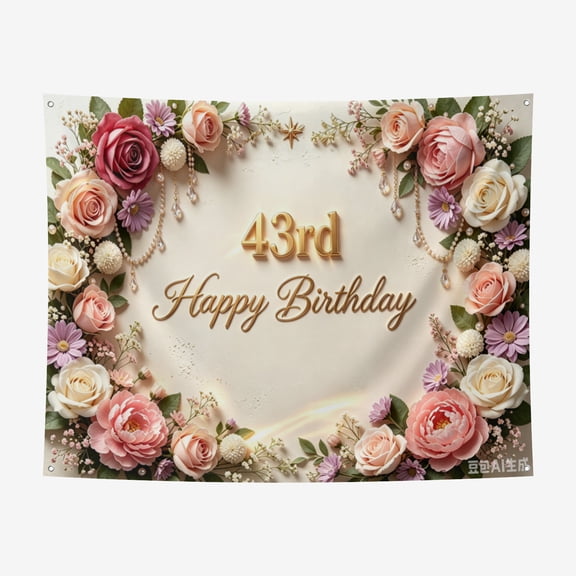 6*6FT 43rd Birthday Banner Decorations for Women Pink Roses Floral Happy 43rd Birthday Banner Backdrop Sign for 43 Years Old Anniversary Party Home Wall Outdoor Indoor Photo Booth Background