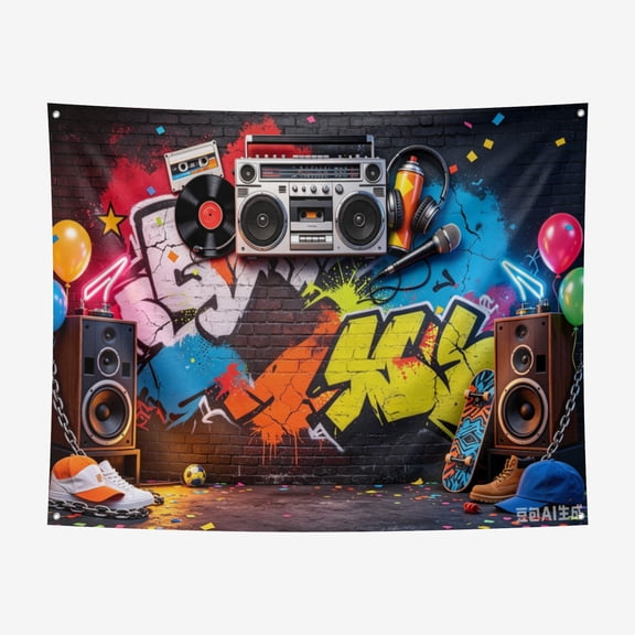 6*6FT 90s Party Backdrop Hip Hop Graffiti 90's Theme House Party Decorations Retro Radio Brick Wall Banner
