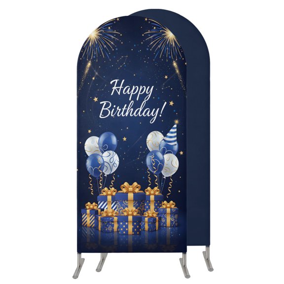 6.6FT Arch Backdrop Covers, Happy Birthday Wedding Arch Cover Stretchy, Modern Blue Gifts Boxes Balloons Firework Chiara Arches Backdrop Stand Covers for Birthday Party Photo Studio Backgrounds