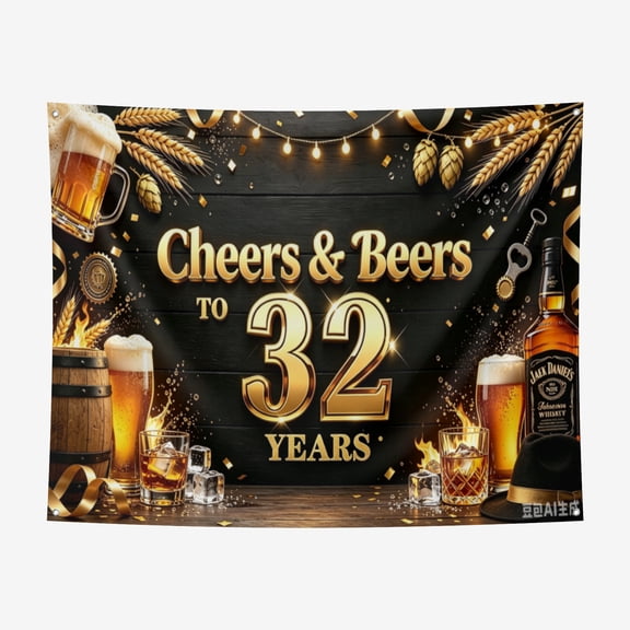 6*6FT Cheers & Beers to 32 Years Backdrop Banner Black and Gold Happy 32rd Birthday Decorations Beer Whiskey 32 Year Old Birthday Banner for Men Women