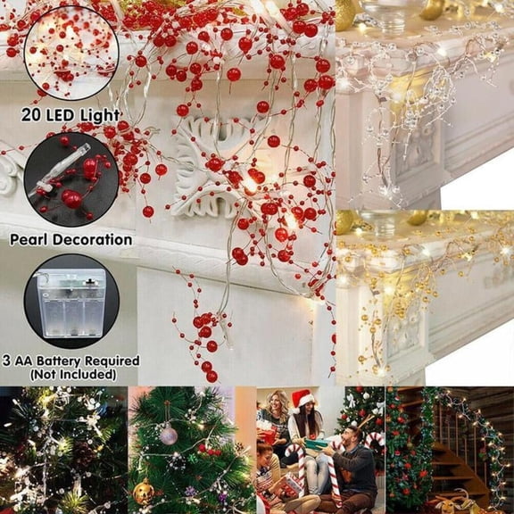 6.6FT Christmas Berry Beaded Garland with 20LED String Lights, Christmas Garland for Fireplace Mantel Decoration, Warm White