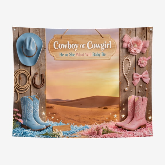 6*6FT Cowboy or Cowgirl Western Gender Reveal Backdrop He or She What Will Baby Be Banner Floral Rustic Wood Boots Baby Shower Photography Background ound Party Decor Photo Booth Props