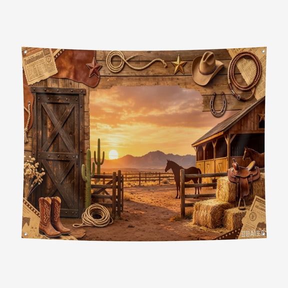 6*6FT Cowboy Western Backdrop Western Rustic Horse Wooden Barn Photography Background Wild West Rodeo Party Decorations Banner