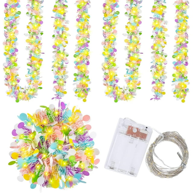 6.6FT Easter Tinsel Garland with LED Lights, Prelit Easter Egg Metallic