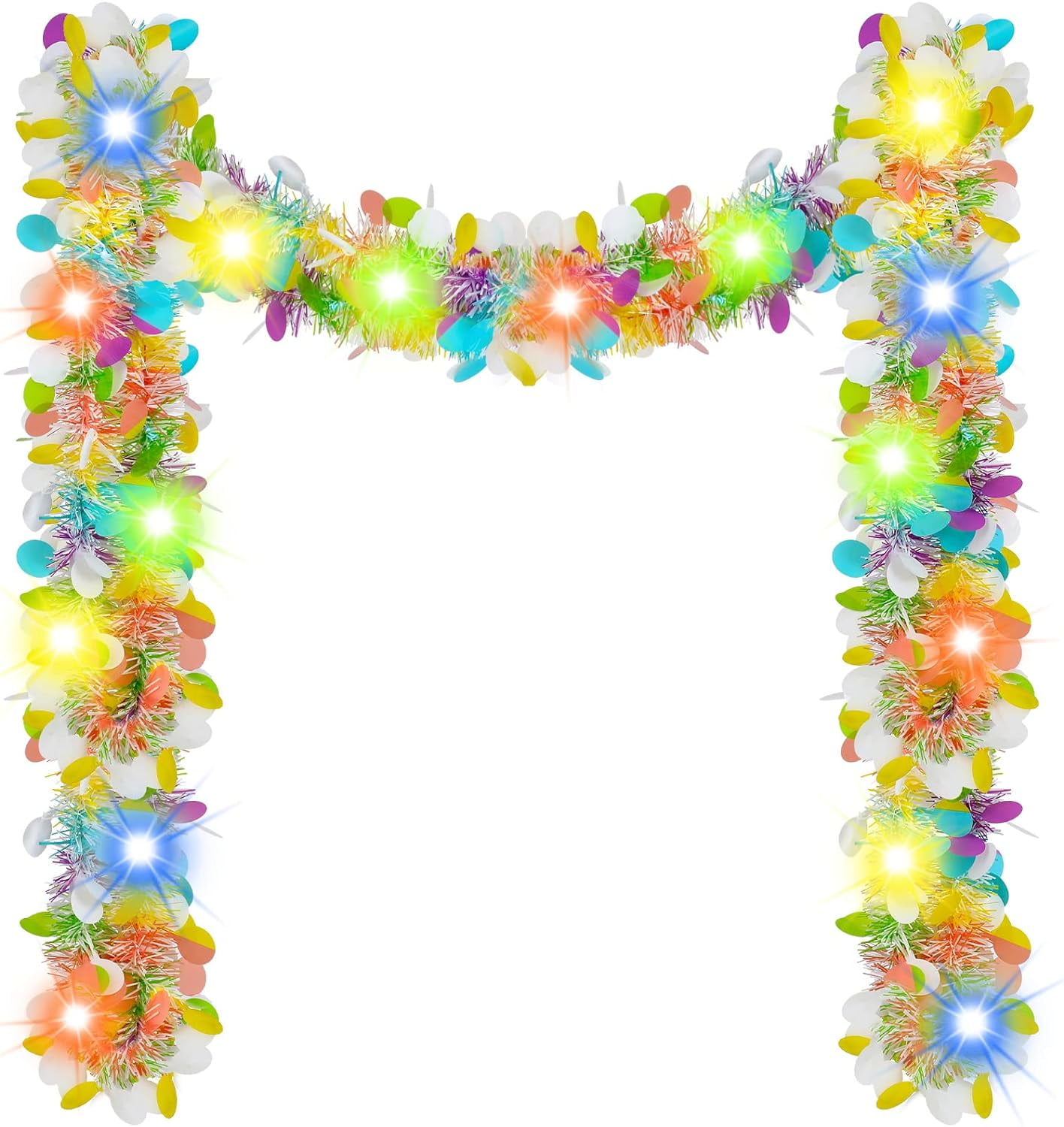 6.6FT Easter Tinsel Garland with LED Lights, Prelit Easter Egg Metallic Twist Tinsel Garland
