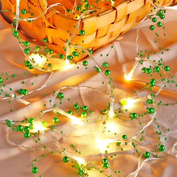 6.6FT Green Pearl Garland with 20 LED Light, Battery Operated Fairy String Lights with Timer for Wedding Christmas Party Event Decoration