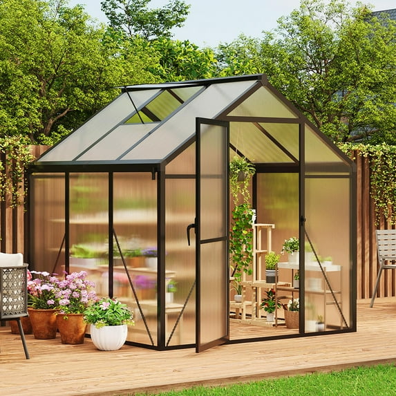 6×6FT Greenhouse, Walk in Greenhouses for Outdoors and Seasons Garden Planting, GreenHouses with Quick Setup Structure and Roof Vent, Polycarbonate Greenhouse with Enhanced Aluminum Frame, Black