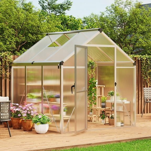 6×6FT Greenhouse, Walk in Greenhouses for Outdoors and Seasons Garden Planting, GreenHouses with Quick Setup Structure and Roof Vent, Polycarbonate Greenhouse with Enhanced Aluminum Frame, Silver