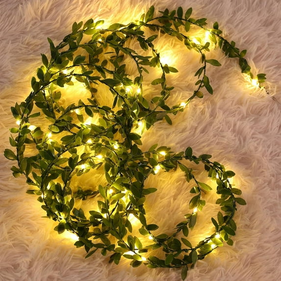 6.6ft 20LED Tiny Leaf Vine String Lights Battery Operated Wreath Hanging Lights for Room Bedroom Wedding Christmas Wall Decor (Warm White Light)