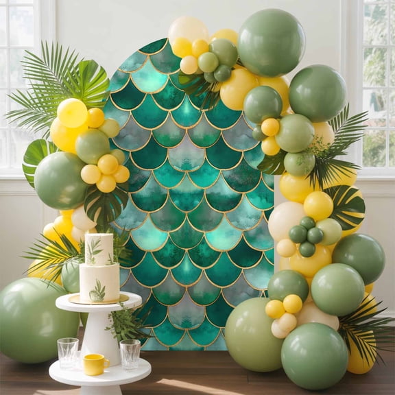 6.6ft Arch Backdrop Cover,Bohemian Emerald Green Fish Scales Arch Stand Cover Spandex Fitted Backdrop Covers Retro Abstract Wedding Birthday Bridal Shower Party Background Decoration