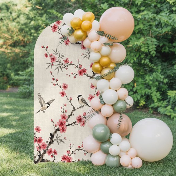 6.6ft Arch Backdrop Cover,Watercolor Plum Blossom on Burlap Arch Stand Cover Spandex Fitted Backdrop Covers Pink Flower Branch Bird Wedding Birthday Bridal Shower Party Background Decoration