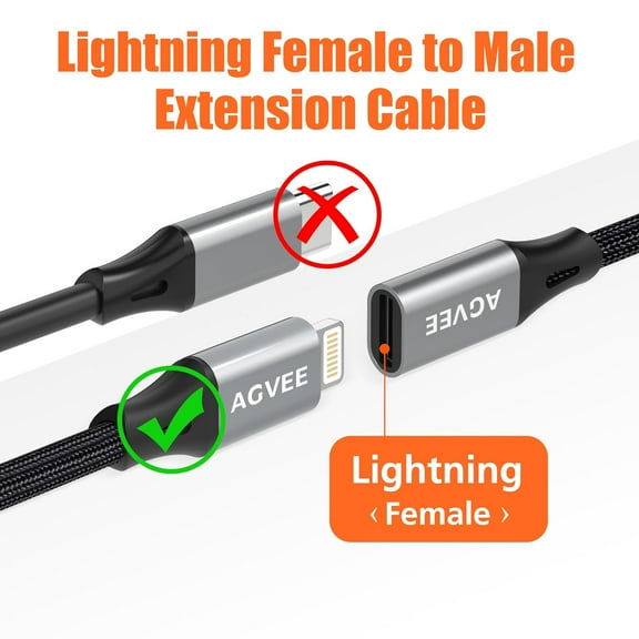 6.6ft Lightning Extension Cable, Braided Female to Male Extender Full Function Cord Compatible with iPhone iPad, Data Sync Video Audio & Charging Connector Adapter, Dark Gray