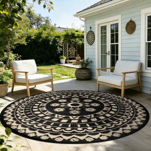 6*6ft Round Outdoor Rug Circle Outside Area Rug Boho Reversible Patio Rug Plactic Straw Rug for Patios,Deck,Picnic,Beach,Trailer,Camping,Black&Beige