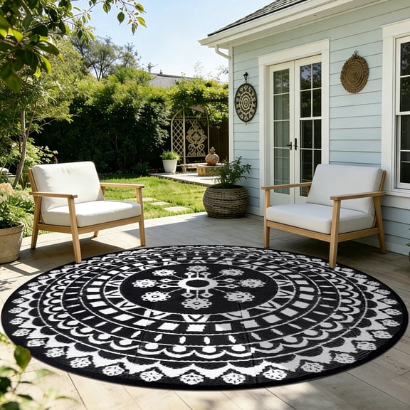 6*6ft Round Outdoor Rug Circle Outside Area Rug Boho Reversible Patio Rug Plactic Straw Rug for Patios,Deck,Picnic,Beach,Trailer,Camping,Black&White