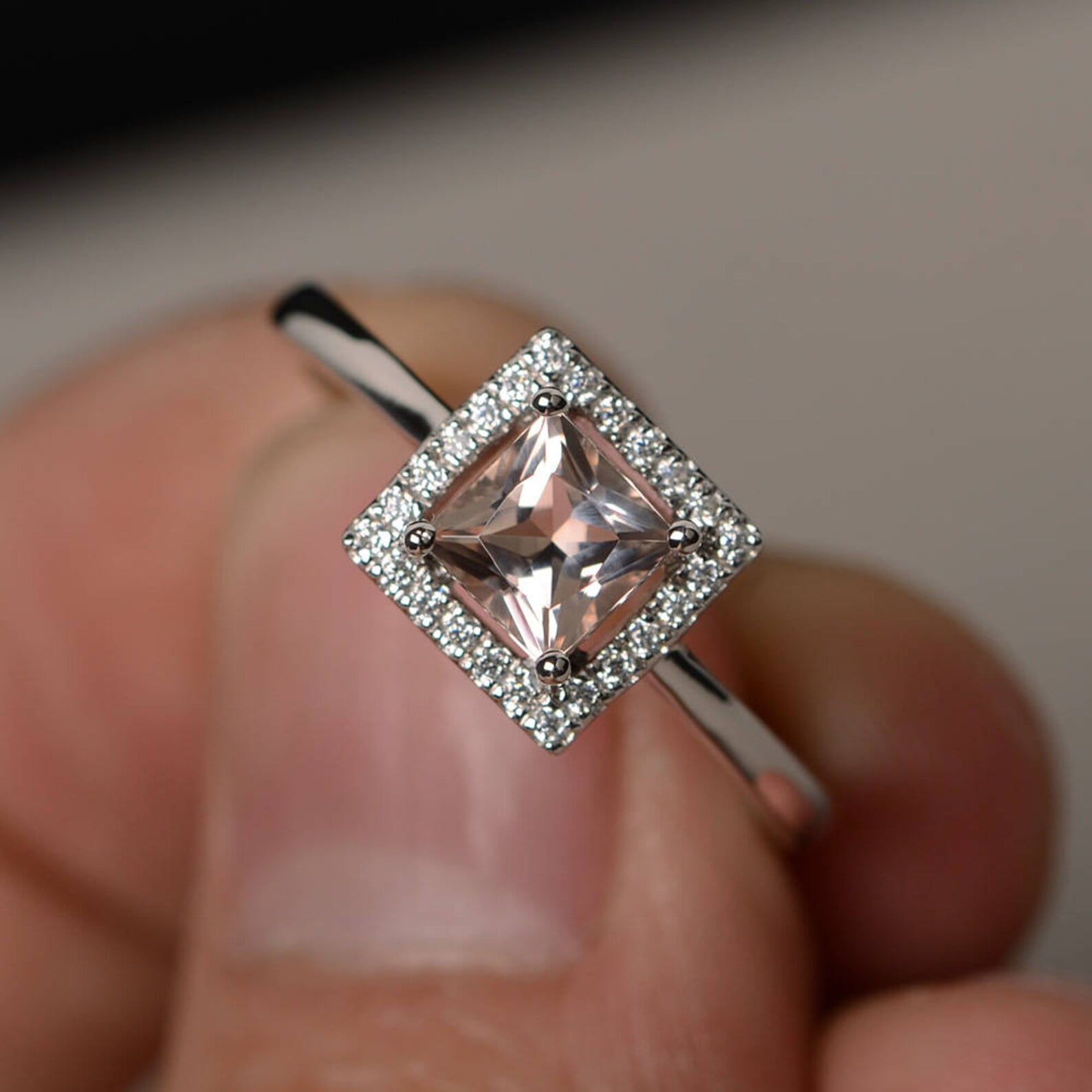 6*6mm Princess Cut Engagement Ring Morganite Ring Silver Pink Gemstone ...