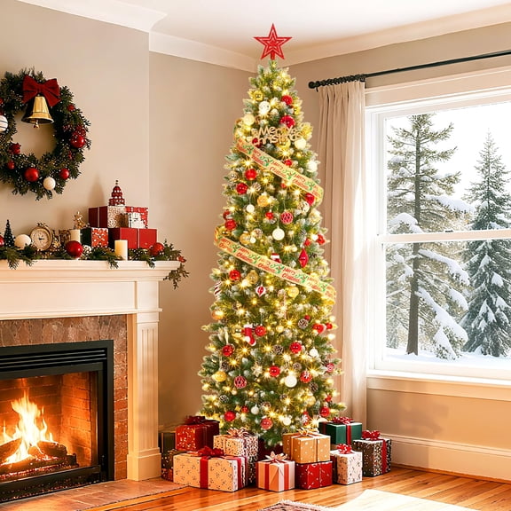 6/7.5/9/12Ft Flocked Pencil Christmas Tree - Pre-lit Frosted Slim Artificial Tree with Pine Cone, Space Saving Xmas Tree Holiday Decoration, with Warm White LED Lights, Foldable Base, Easy Assembly
