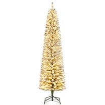 6/7.5/9 Ft Pre-Lit Snow Flocked Pencil Christmas Tree, Artificial Slim Skinny Xmas Tree with 220 Warm White LED Lights, 439 Snowy Tips & Metal Hinge Stand