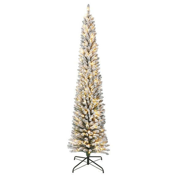 6/7.5ft Snow Flocked Pre-Lit Artificial Christmas Tree, Slim Pencil Xmas Tree with LED Lights, Hinged B-ranches for Easy Setup, Metal Stand Included for Indoor Outdoor Holiday Decor