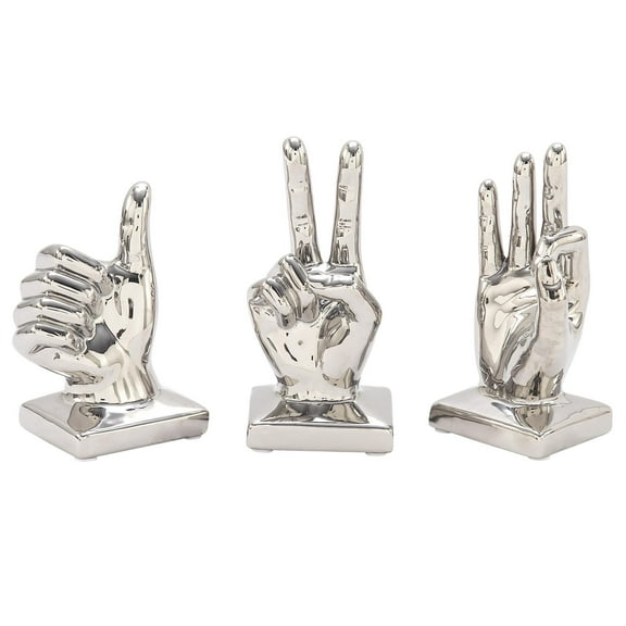 6", 7", 7"H Silver Porcelain Ceramic Gesture Hands Sculpture, by CosmoLiving by Cosmopolitan (3 Count)