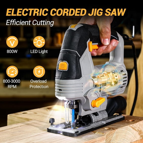 6.7-Amp Jig Saw Corded: Electric Jigsaw Tool Power Jig Saws for Wood Cutter with 6 Variable Speed Up to 3000 SPM, 4 Orbital Settings, LED Light & 45  Bevel Cutting, Tool-Free Blade Change