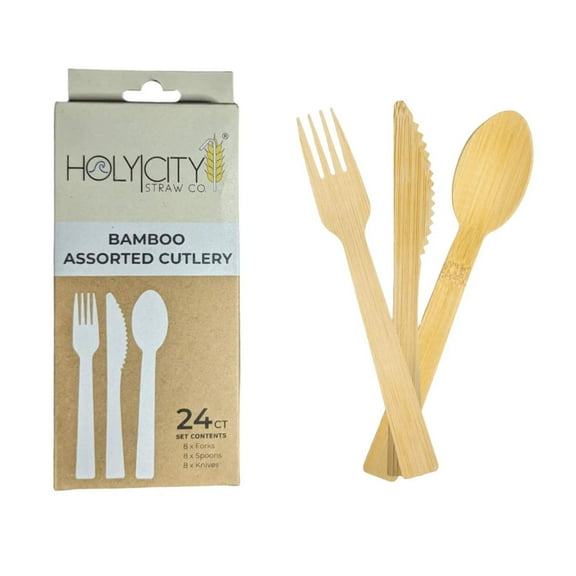 6.7" Assorted Bamboo Cutlery Set | 24ct. (8x each)