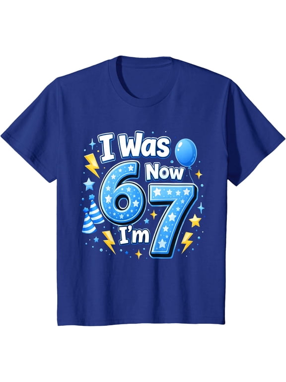 6 7 Birthday Boy 7 Years Old I Was 6 Now I'm 7 67 Meme Kids T-Shirt
