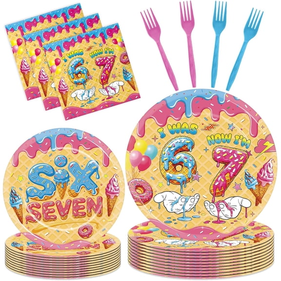 6 7 Birthday Decorations - 96 Pcs I was Six Now 7th Bday Party Supplies Favors for Seven Years Old Boys Girls Meme Dount Disposable Paper Dessert Plates Napkins Forks Tableware Decor Set