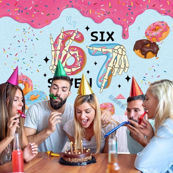 6 7 Birthday Decorations Backdrop Banner, Blue And Pink Donut Ice Cream Party Wall Background For Photography, 5x3 Ft