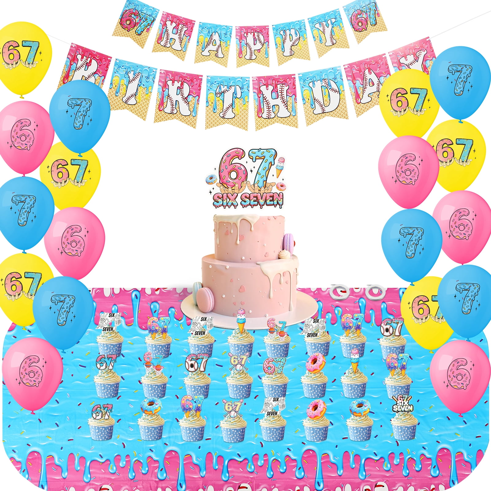 6 7 Birthday Party Decoration Set Reusable 6 7 Happy Birthday Decor Supplies with Balloon Banner Tablecloth Cake Topper for Themed Gathering