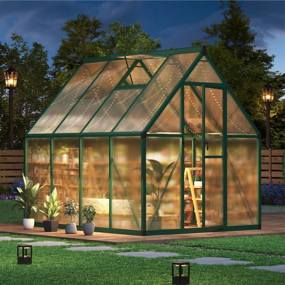 67 FT Outdoor Greenhouse, Large Walk in Greenhouses for Outdoors and Garden Planting, Polycarbonate Green House with Enhanced Aluminum Frame and W/Lockable Push Door, Green