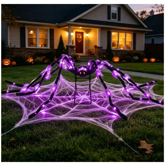 6.7 FT(Wide) Halloween Giant Spider with 9'' Metal Stand, 36 Purple LED Lights