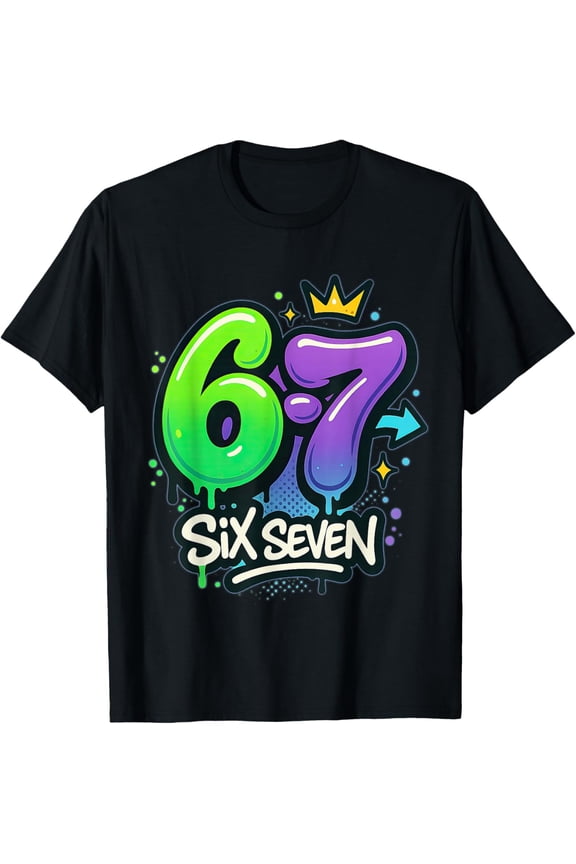 6 7 Graffiti Bubble Letters Street Art Meme T-Shirt- Classic Sun and moon Evil eye shirt Unisex 100% Cotton Crew Neck T-Shirt Breathable Casual Everyday Wear Affordable Graphic Soft Cheap t shirts