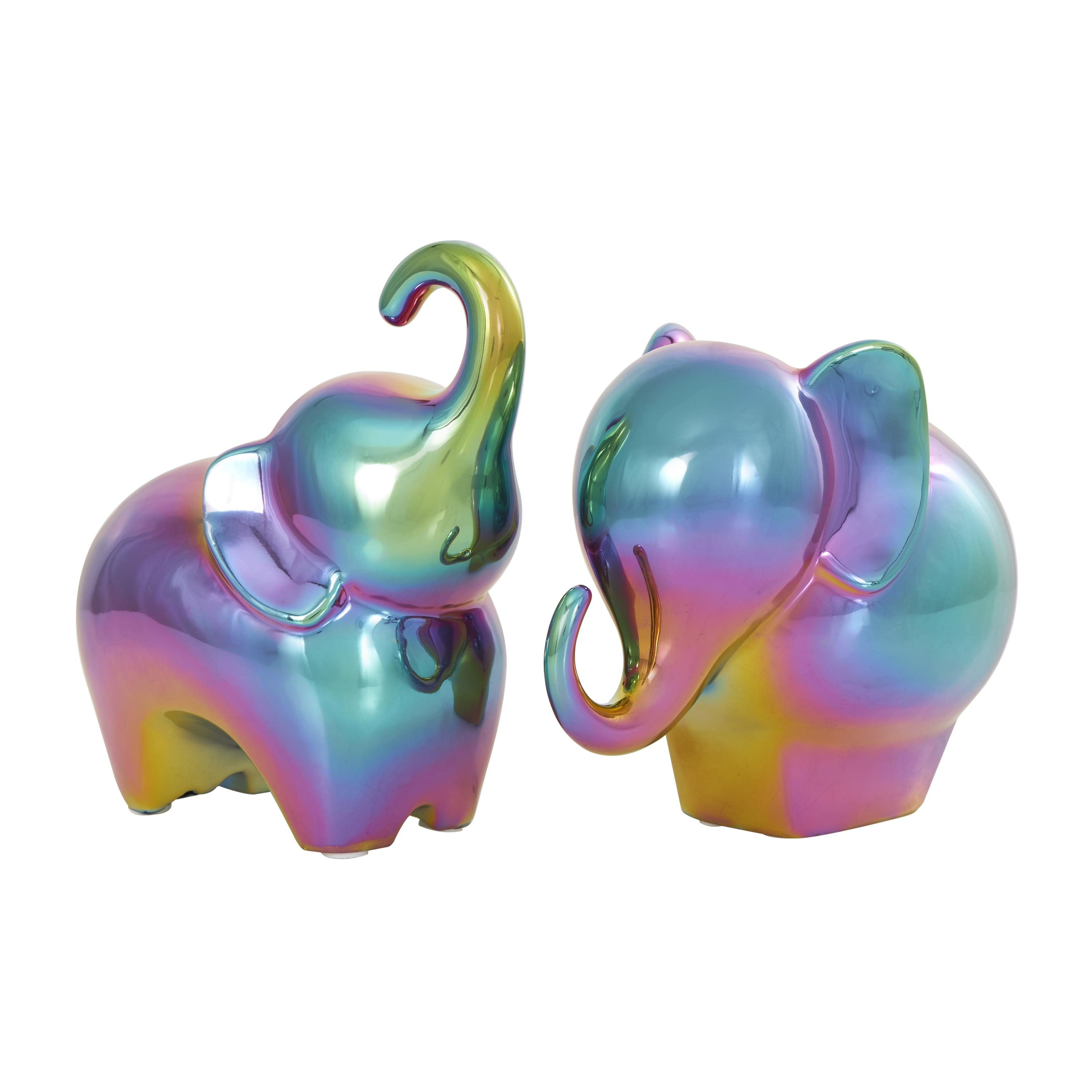 6", 7"H Multi Colored Ceramic Elephant Sculpture with Rainbow Shimmer Finish, by DecMode (2 Count)