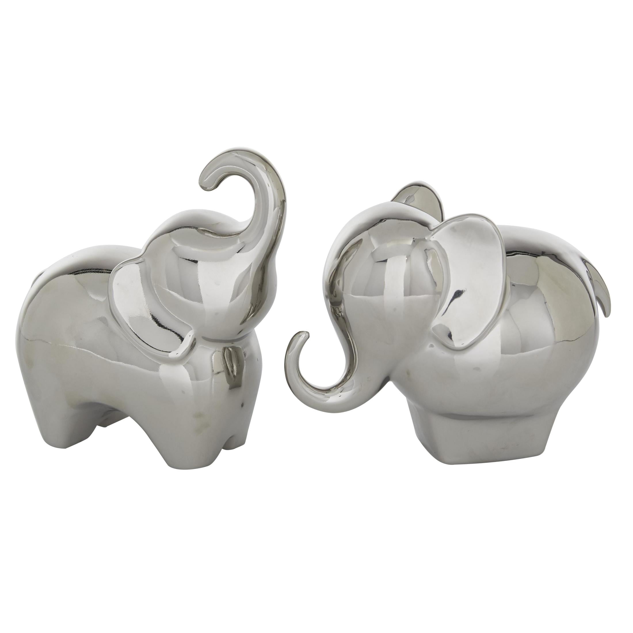 6", 7"H Silver Porcelain Ceramic Elephant Sculpture, by DecMode (2 Count)
