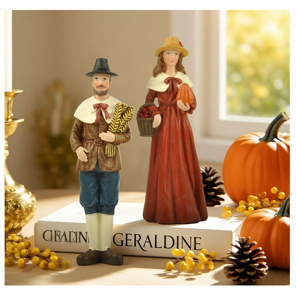 6.7” H Thanksgiving Pilgrim Couple Pumpkin Statues - Resin Couple Decorations for Fall Harvest Home, Handcrafted Indoor Thanksgiving Gifts, Perfect for Thanksgiving or Fall Decor
