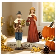 6.7  H Thanksgiving Pilgrim Couple Pumpkin Statues - Resin Couple Decorations for Fall Harvest Home, Handcrafted Indoor Thanksgiving Gifts, Perfect for Thanksgiving or Fall Decor