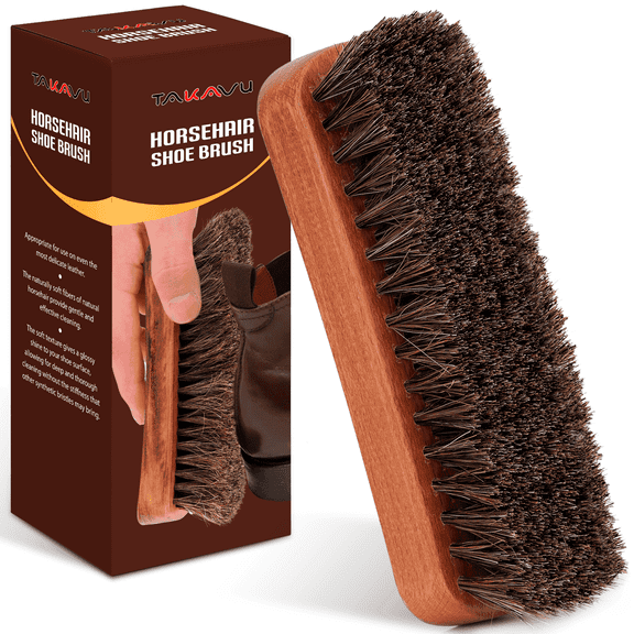 Takavu 6.7-Inch Horsehair Shoe Shine Brush with Concave Wood Handle, 100% Soft Genuine Horse Hair Bristles, Comfortable Grip for Leather Shoe Care