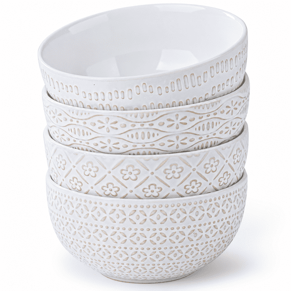 6.7 Inch 40 Oz Ceramic Cereal Bowl Set of 4 Farmhouse Embossed Tableware